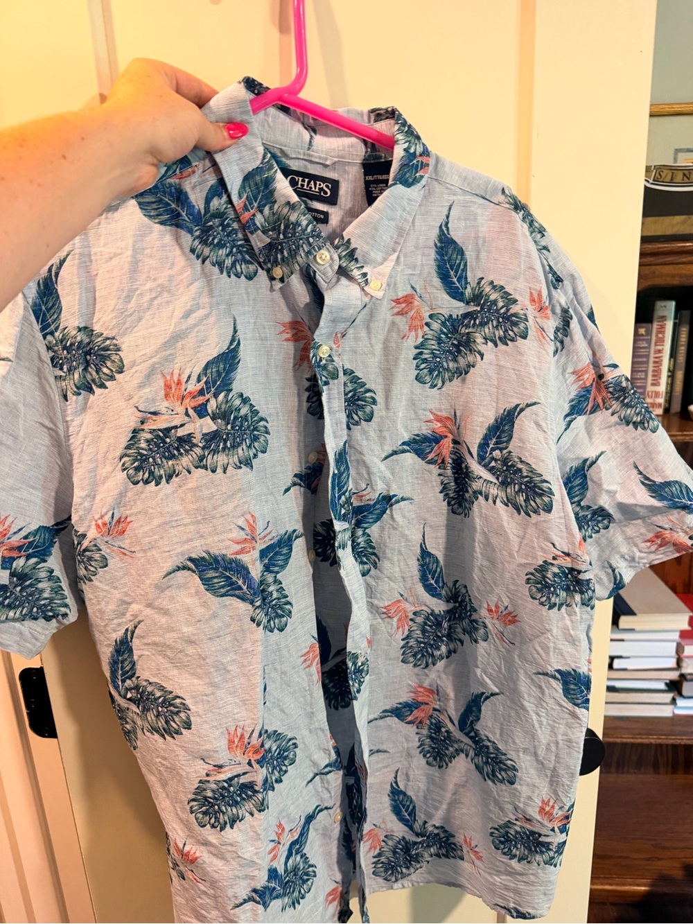 Chaps Light Blue Tropical Print Short Sleeve Shirt with Blue and Coral Accents